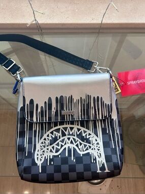 Sprayground Black & Silver Drip Shark Checkerboard Crossbody Bag NWT